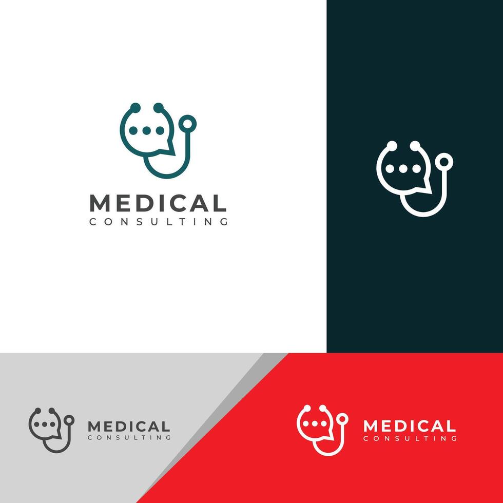 médico consultando logotipo Projeto. médico bate-papo consultando conversa logotipo. vetor