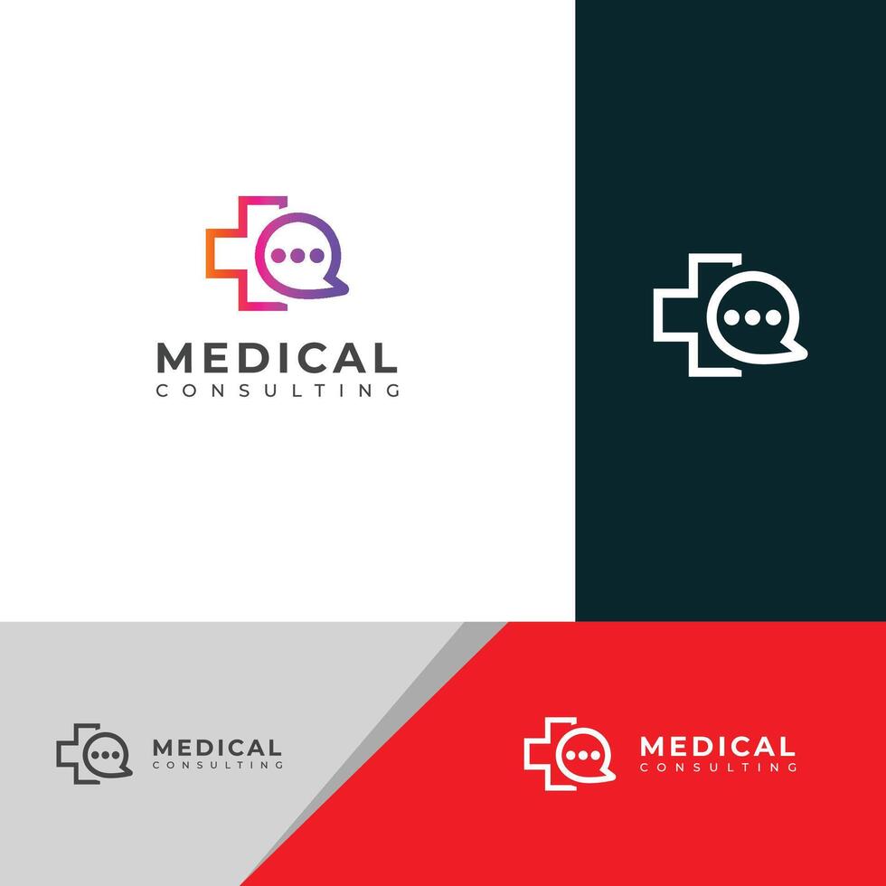 médico consultando logotipo Projeto. médico bate-papo consultando conversa logotipo. vetor