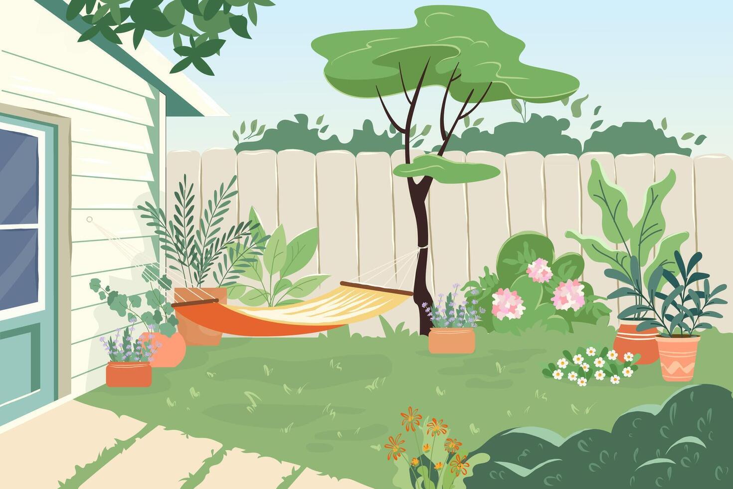 acolhedor quintal com maca e plantas dentro panelas casa pátio com cerca, mobília para piquenique verde Relva e árvore verão panorama do Jardim desenho animado ilustração vetor