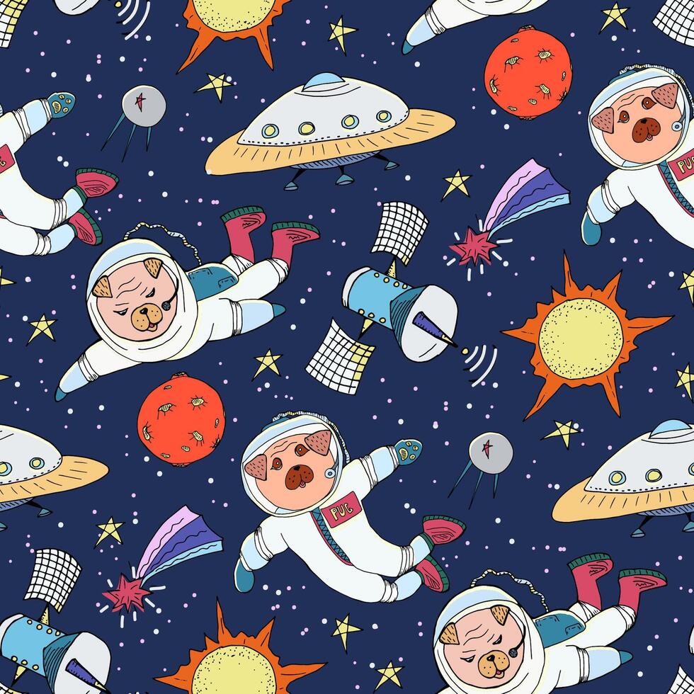 mão desenhar espaço desatado padronizar com fofa pugs astronautas. vetor