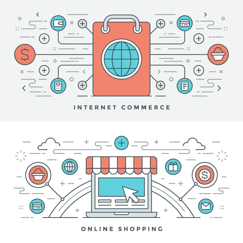 plano linha Internet comércio e conectados compras. ilustração. vetor