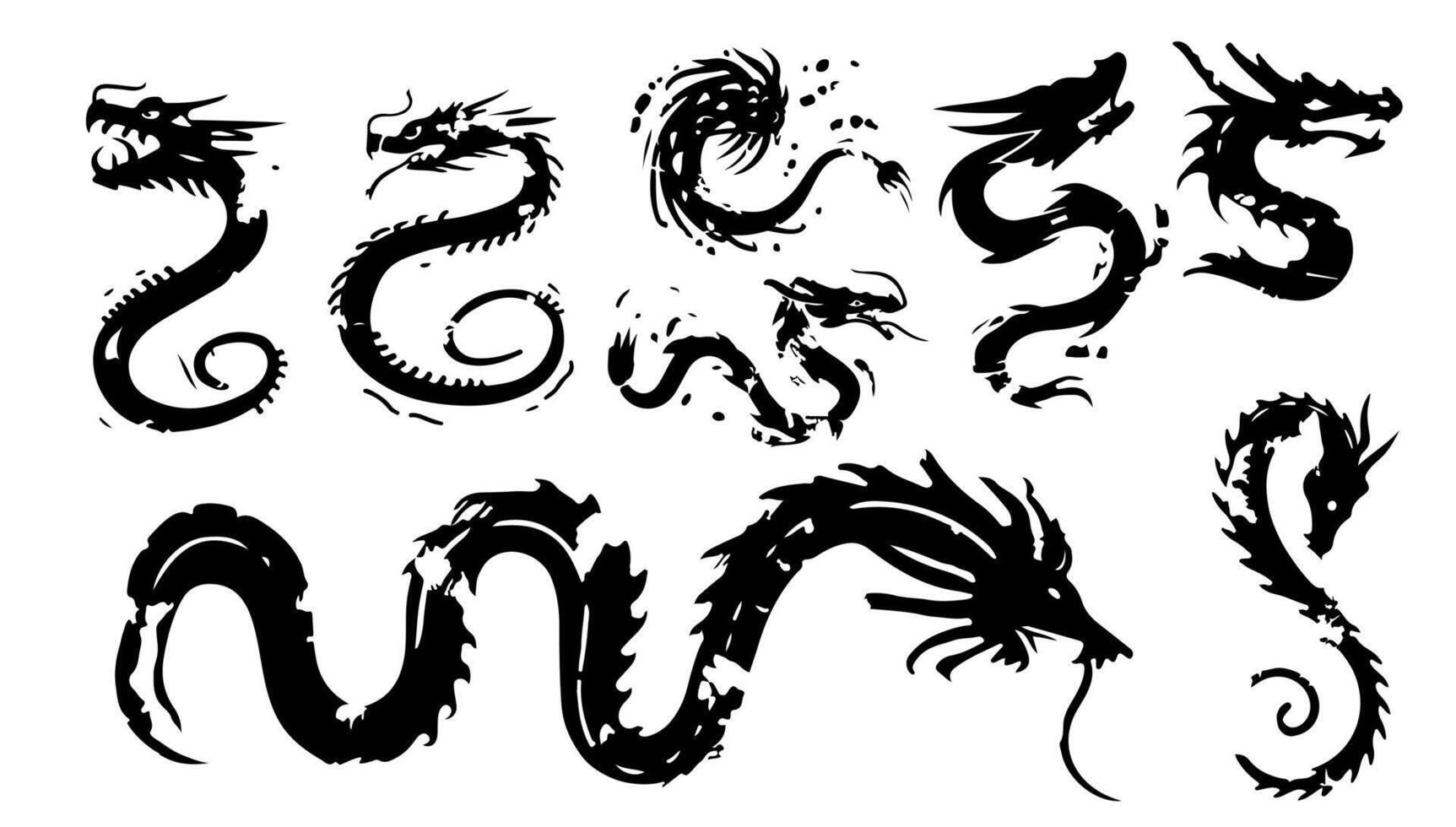 tinta chinês Dragão pincelada conjunto ilustração. arte símbolo animal tatuagem chinês e pincelada placa. caligrafia silhueta ícone tribal elemento vetor