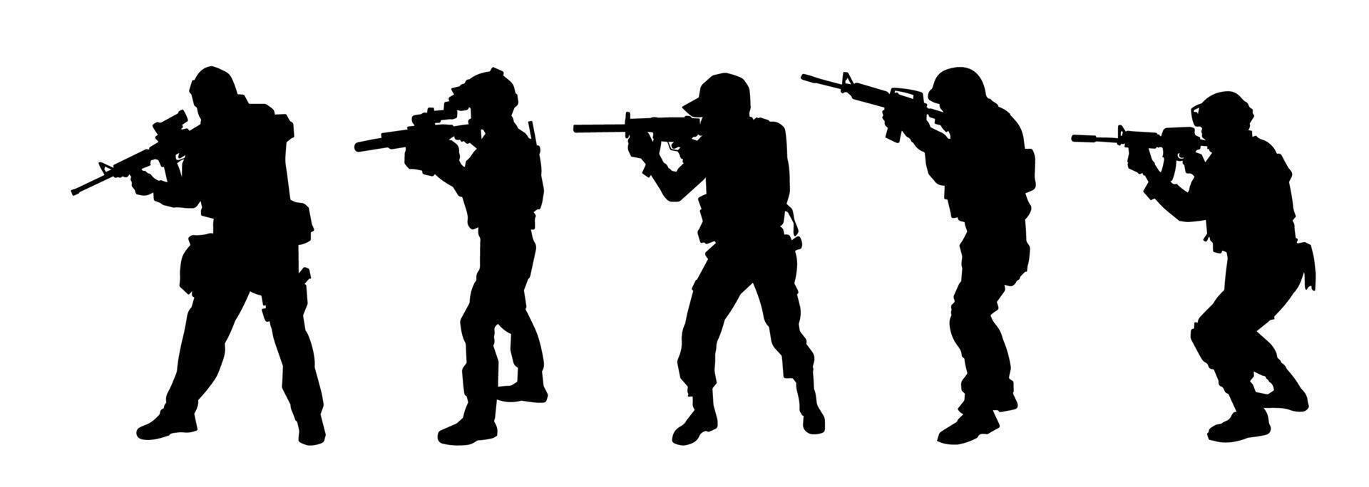 silhueta coleção do masculino soldado carregando máquina arma de fogo arma. vetor