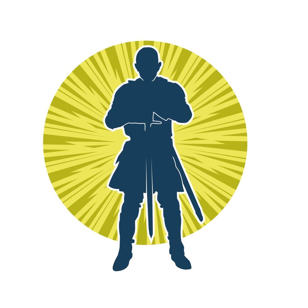 silhueta do uma masculino Guerreiro vestindo guerra armaduras terno dentro açao pose usando uma espada arma. vetor
