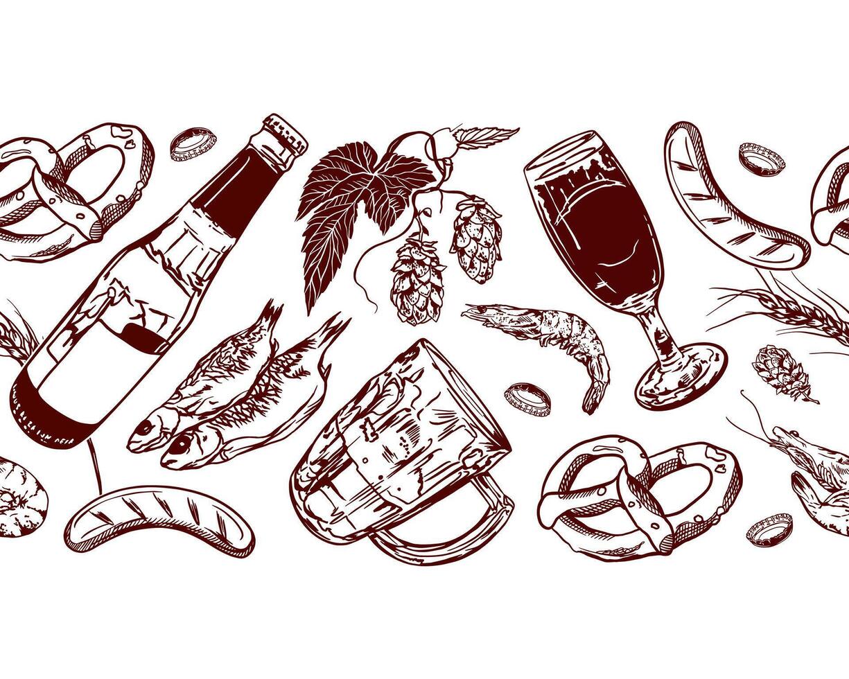 Cerveja vidro, caneca, garrafa, lúpulo, camarão, peixe, pretzel, trigo. desatado fronteira, horizontal. mão desenhado ilustração para cartão, rótulos, cartazes, cardápio, festival convite. vetor