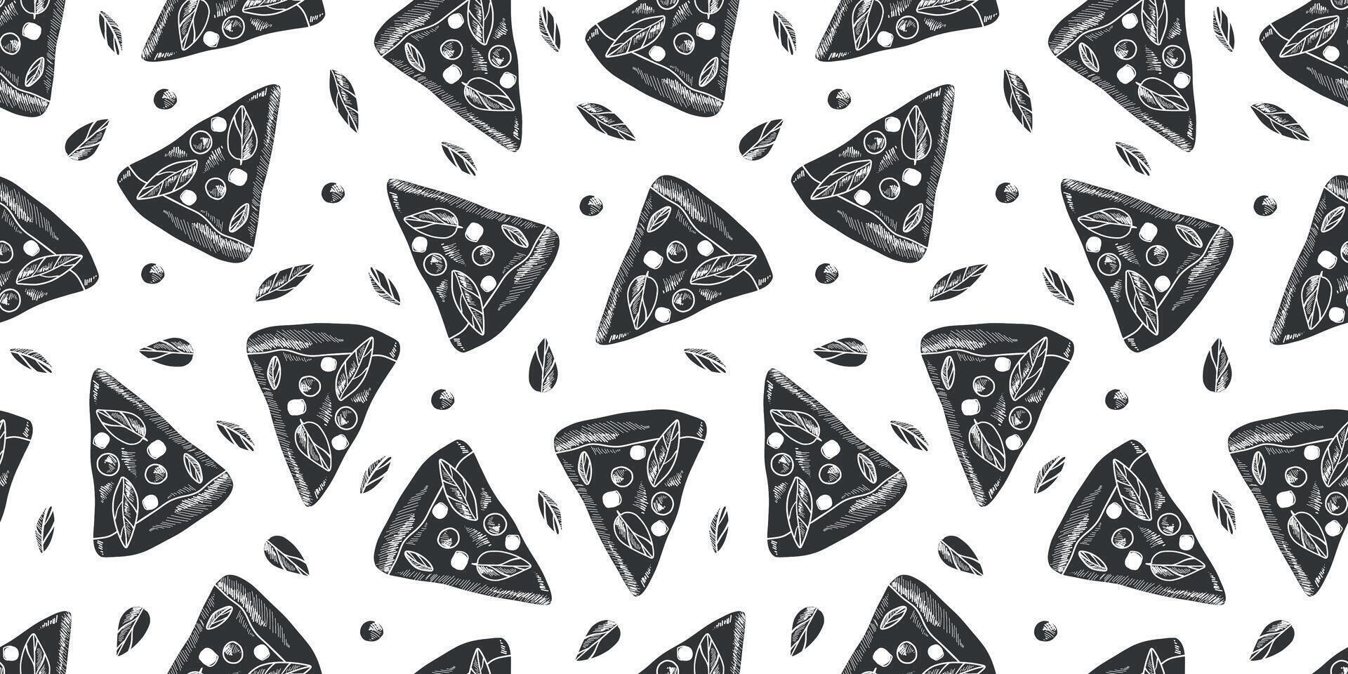 velozes Comida pizza desatado padronizar. Preto e branco desenhado pizza. velozes Comida mão retirou. rabisco esboço pizza Margarita padronizar vetor