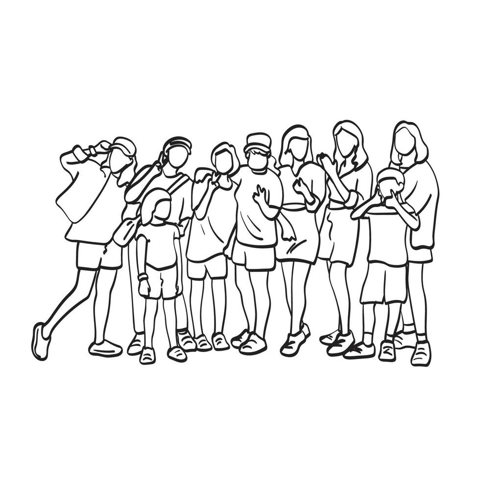 nove pessoas levando foto juntos ilustração mão desenhado isolado em branco fundo vetor