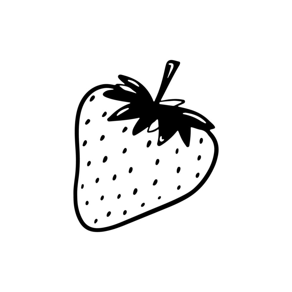 rabisco morango ilustração. Preto mão desenhado abstrato fruta com folhas. esboço solteiro baga desenhando vetor