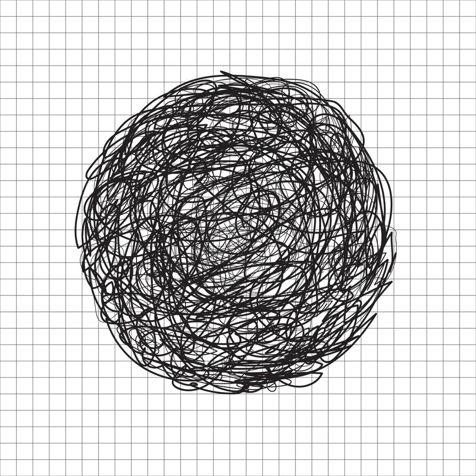 mão abstrata rabisco desenhado esboço cor preta círculo emaranhado, rabisco, rabisco no fundo branco da grade vetor