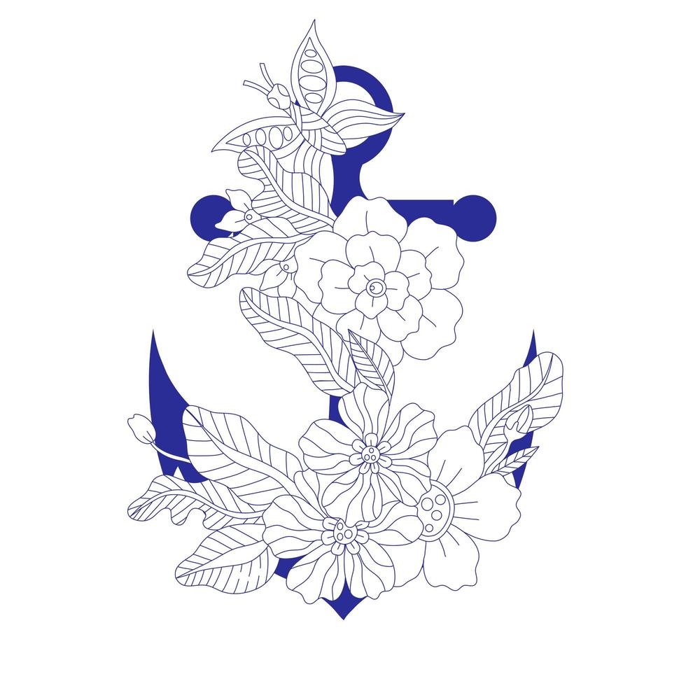 âncora azul decorada com flores de contorno boêmio doodle, isolado no fundo branco, conceito marinho. mão desenhada ilustração vetorial em estilo vintage. vetor