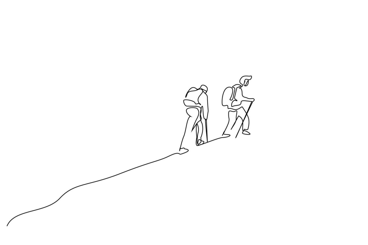 dois pessoas natureza mochila Colina montanha caminhada escalar caminhando estilo de vida 1 linha arte Projeto vetor