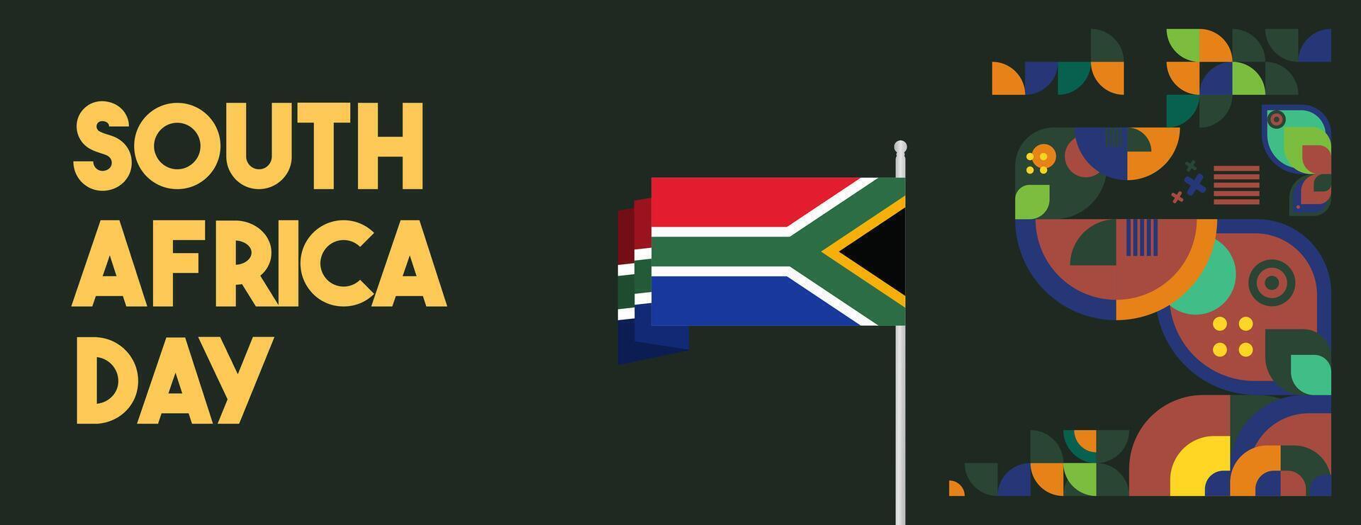 sul África nacional independência dia Largo bandeira. moderno geométrico abstrato fundo dentro colorida estilo para sul África dia. sul africano independência cumprimento cartão cobrir com país bandeira. vetor