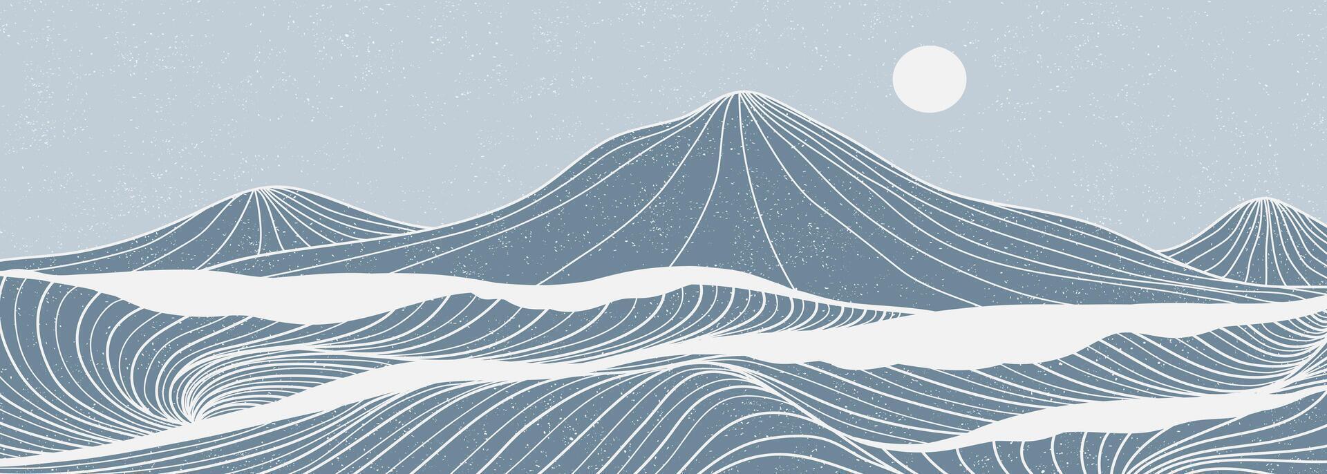 mão desenhado linha arte ilustração do montanha e oceano ondas. abstrato contemporâneo estético fundo panorama. usava para arte impressões, cartazes, capas, faixas vetor