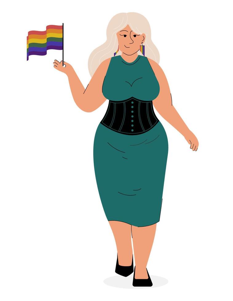 menina lésbica lgbt conceito ilustração. jovem mulher aguarde lgbtq arco Iris bandeira. vetor