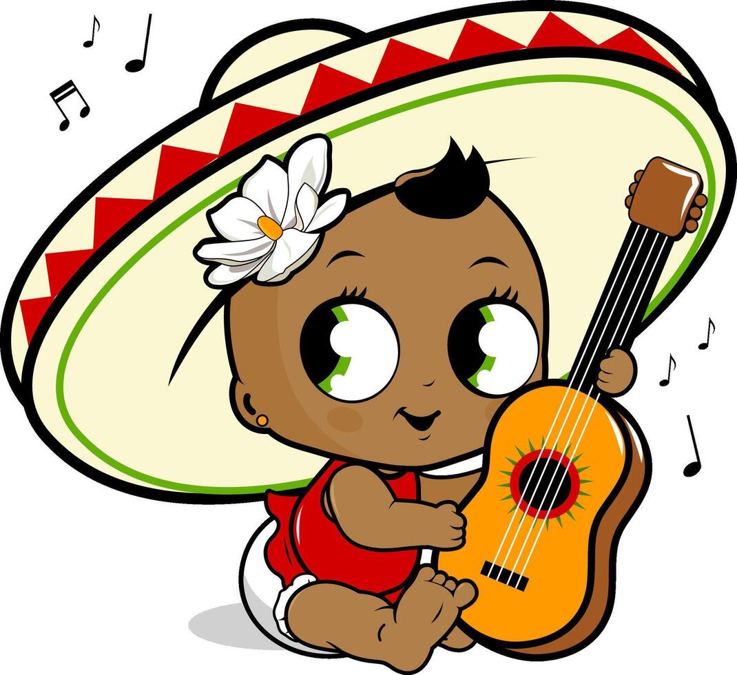 fofa mariachi bebê menina jogando a guitarra e cantoria. mexicano cinco de maionese bebê chuveiro festa com bebê menina com uma sombrero chapéu. vetor