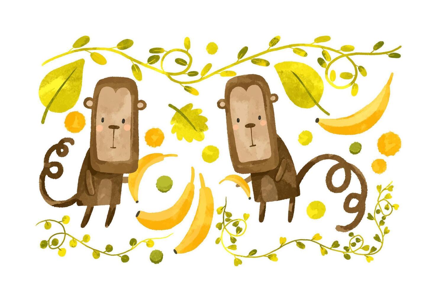 conjunto do desenho animado macacos com banana. lianas e selva. crianças' vetor