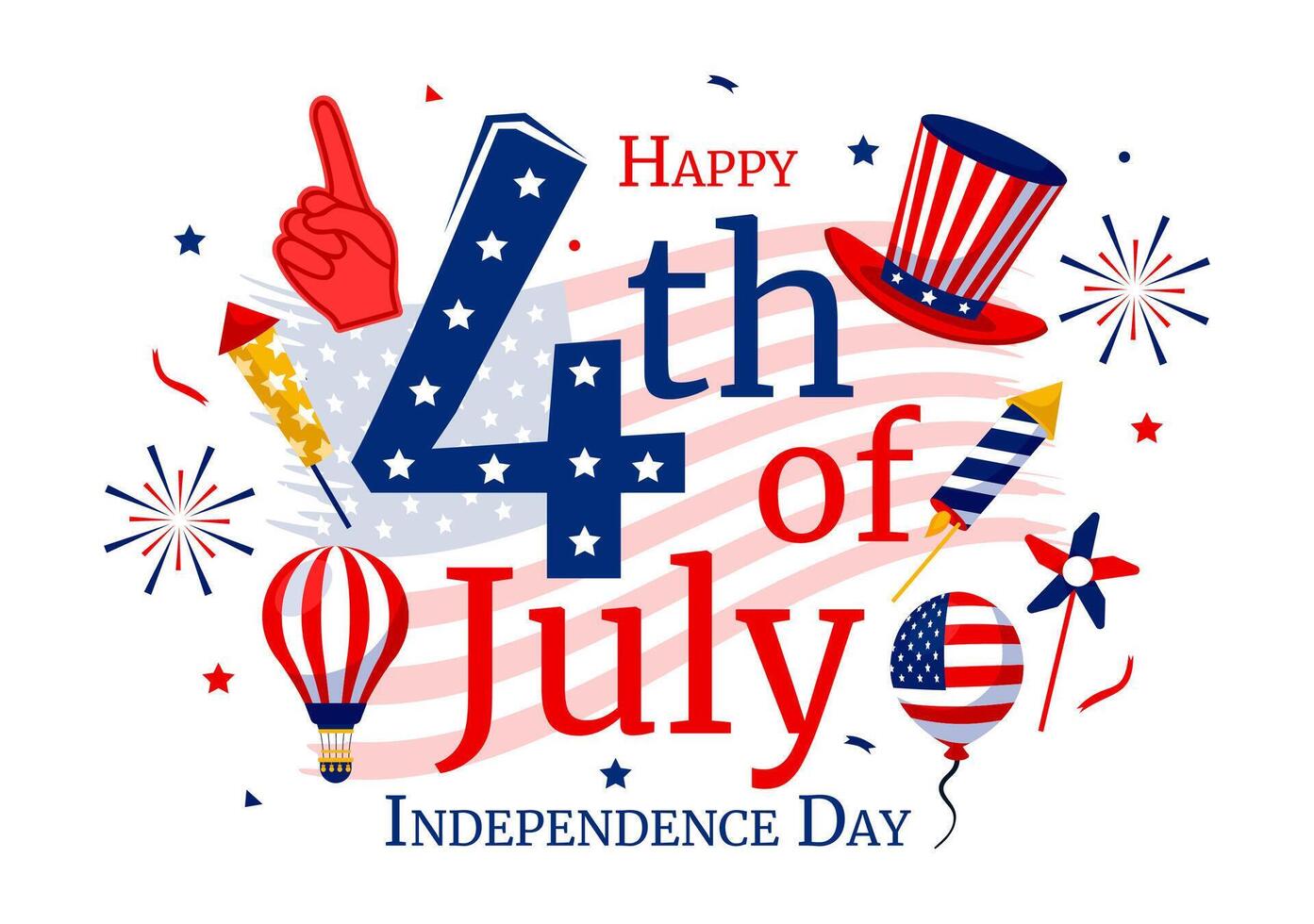 4º do Julho feliz independência dia EUA ilustração com americano bandeira e balões dentro plano nacional feriado desenho animado fundo Projeto vetor