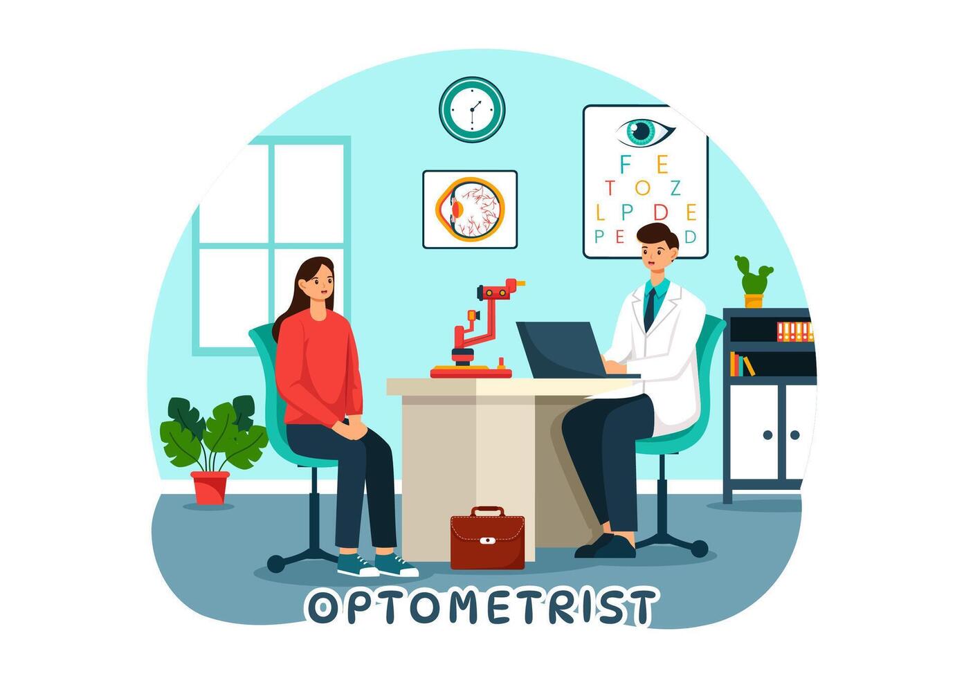 optometrista ilustração com oftalmologista Verificações paciente visão, ótico olho teste e óculos tecnologia dentro plano desenho animado fundo vetor
