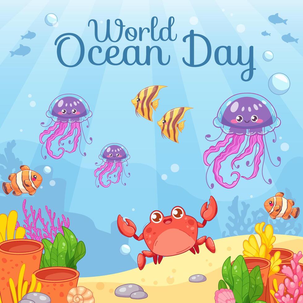 mundo oceano dia cumprimento cartão com tartaruga, coral recife e peixe em água fundo. desenho animado ilustração para Junho 8 vetor