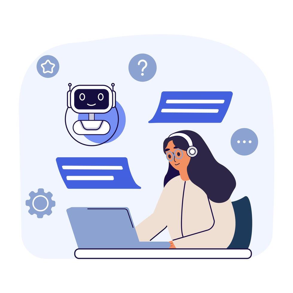 bate-papo robô virtual ai assistente. conectados cliente apoiar. mulher falando com robô. menina Perguntando questões e recebendo respostas. artificial inteligência tecnologia. vetor