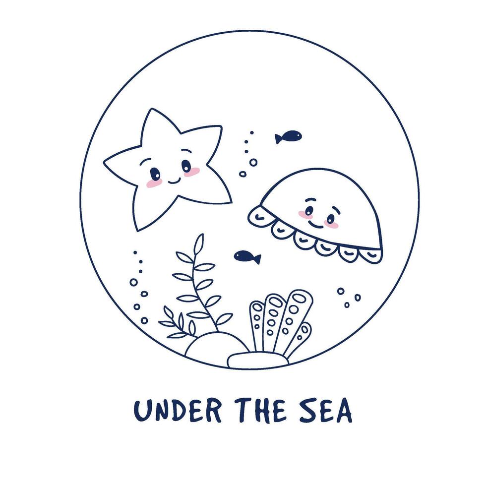 estrelas do mar e polvo às a inferior do a mar com rochas, algas e corais. mão desenhado rabisco ilustração com letras vetor