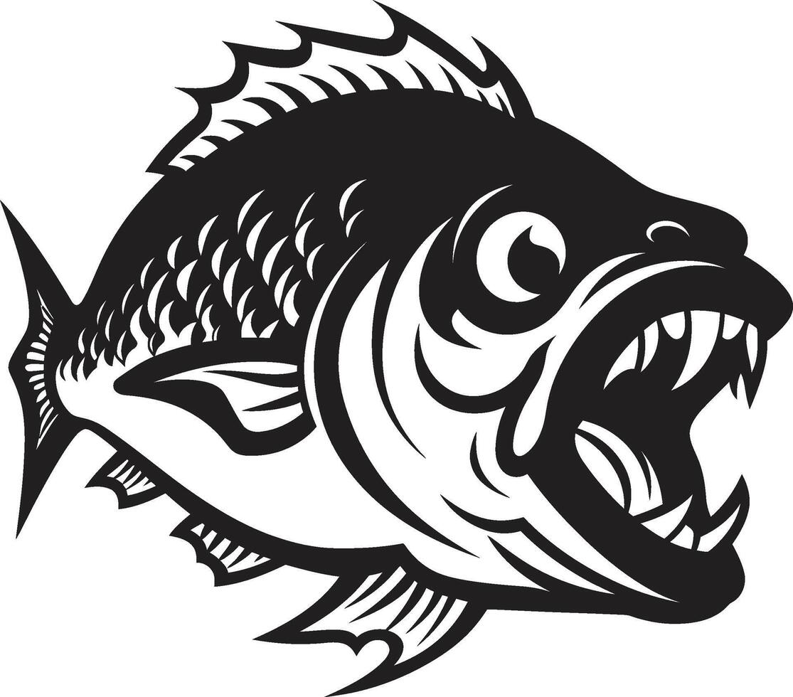 cheio de dentes ameaça emblema lustroso silhueta dentro noir Preto aquático assalto à moda Preto logotipo Projeto com piranha silhueta vetor