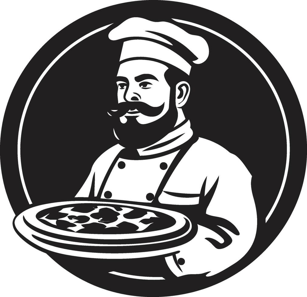 fatia maestro elegante Preto logotipo para uma pizzaria chefe de cozinha pizza virtuoso à moda ícone ilustração com chefe de cozinha chapéu silhueta vetor