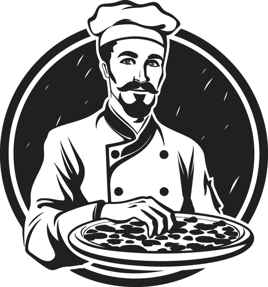 pizza virtuoso à moda ícone ilustração com chefe de cozinha chapéu silhueta culinária artesanato chique Preto emblema com moderno toque vetor