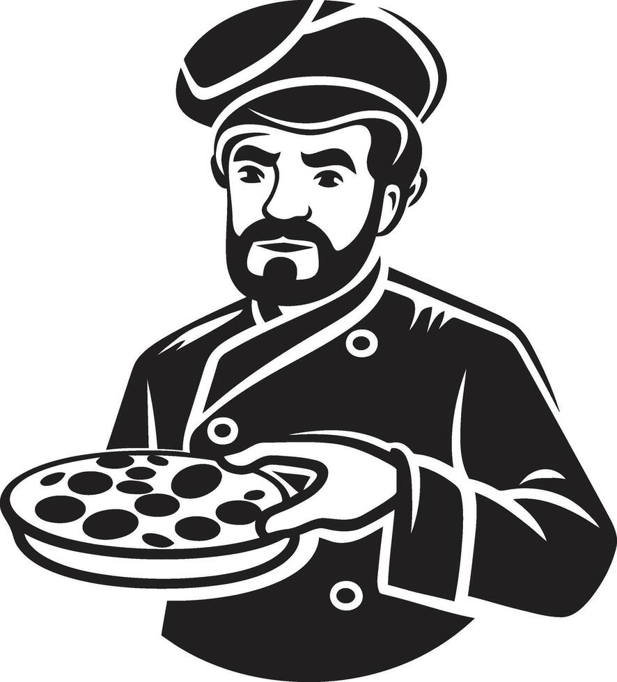 pizzaiolo elegância à moda Preto ícone com intrincado chefe de cozinha Projeto culinária maestro minimalista Preto emblema para uma moderno pizzaria Veja vetor
