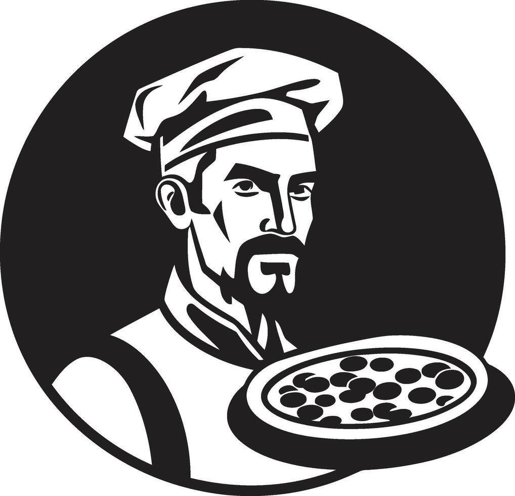 pizza virtuoso à moda ícone com chefe de cozinha chapéu silhueta culinária artesanato chique Preto emblema vetor