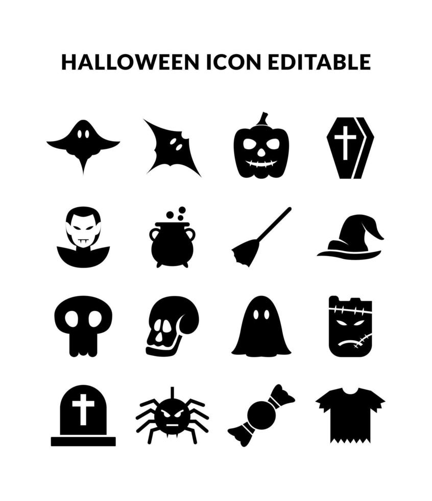 conjunto de ícone de halloween simples editável. ícones de glifo de halloween vetor