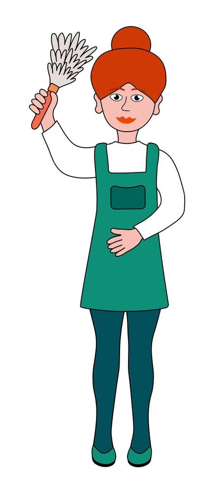 plano desenho animado estilo ilustração do limpeza serviço ruiva mulher personagem dentro uniforme e segurando escovar. isolado em branco fundo. vetor