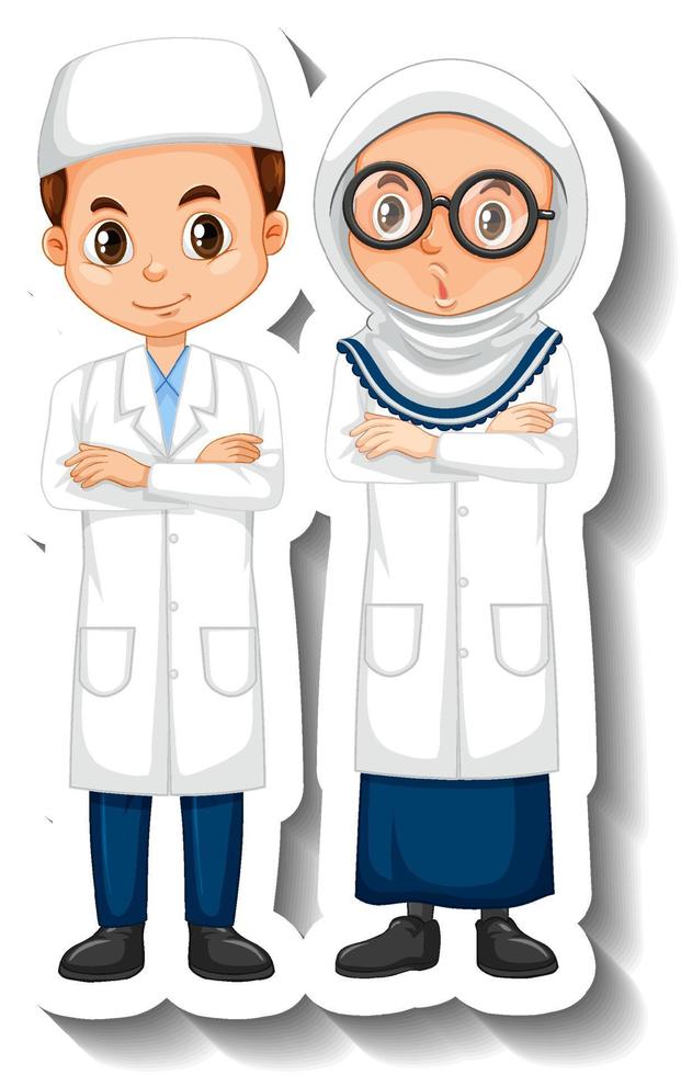 Adesivo de personagem de desenho animado de casal muçulmano cientista vetor