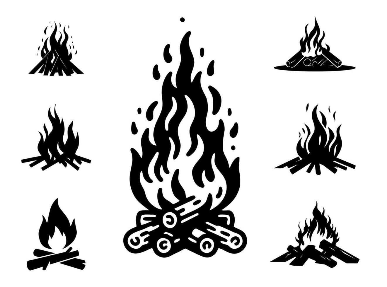 uma conjunto do silhuetas do fogueiras dentro natureza. queimando fogueiras vetor