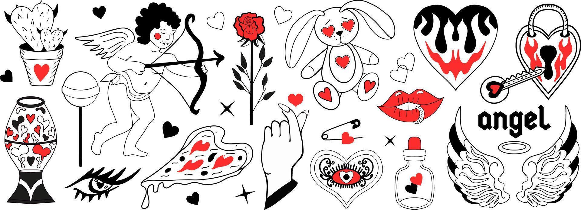 dia dos namorados dia conjunto do elementos. amor moderno coleção mão desenhando com queimando coração, flor, rosa.y2k Anos 2000 fofa emo gótico estético adesivos tatuagem. ilustração vetor