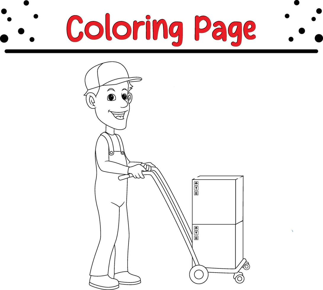 entregador carregando cartão caixa com carrinho de mão coloração página. coloração livro para crianças vetor