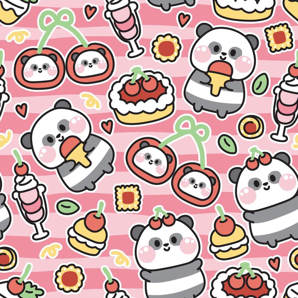 desatado padronizar do fofa panda Urso vários poses dentro cereja padaria fundo.chinês selvagem animal personagem desenho animado design.ice creme, bolo, biscoitos, torta, coração, frutas desenhado.kawaii. vetor