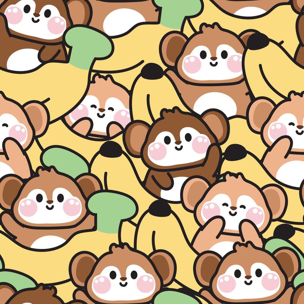 repetir.sem costura padronizar do fofa macaco cumprimento com grande banana plano de fundo.selvagem animal personagem desenho animado design.fruta.imagem para cartão, cartaz, bebê roupas.kawaii.ilustração. vetor