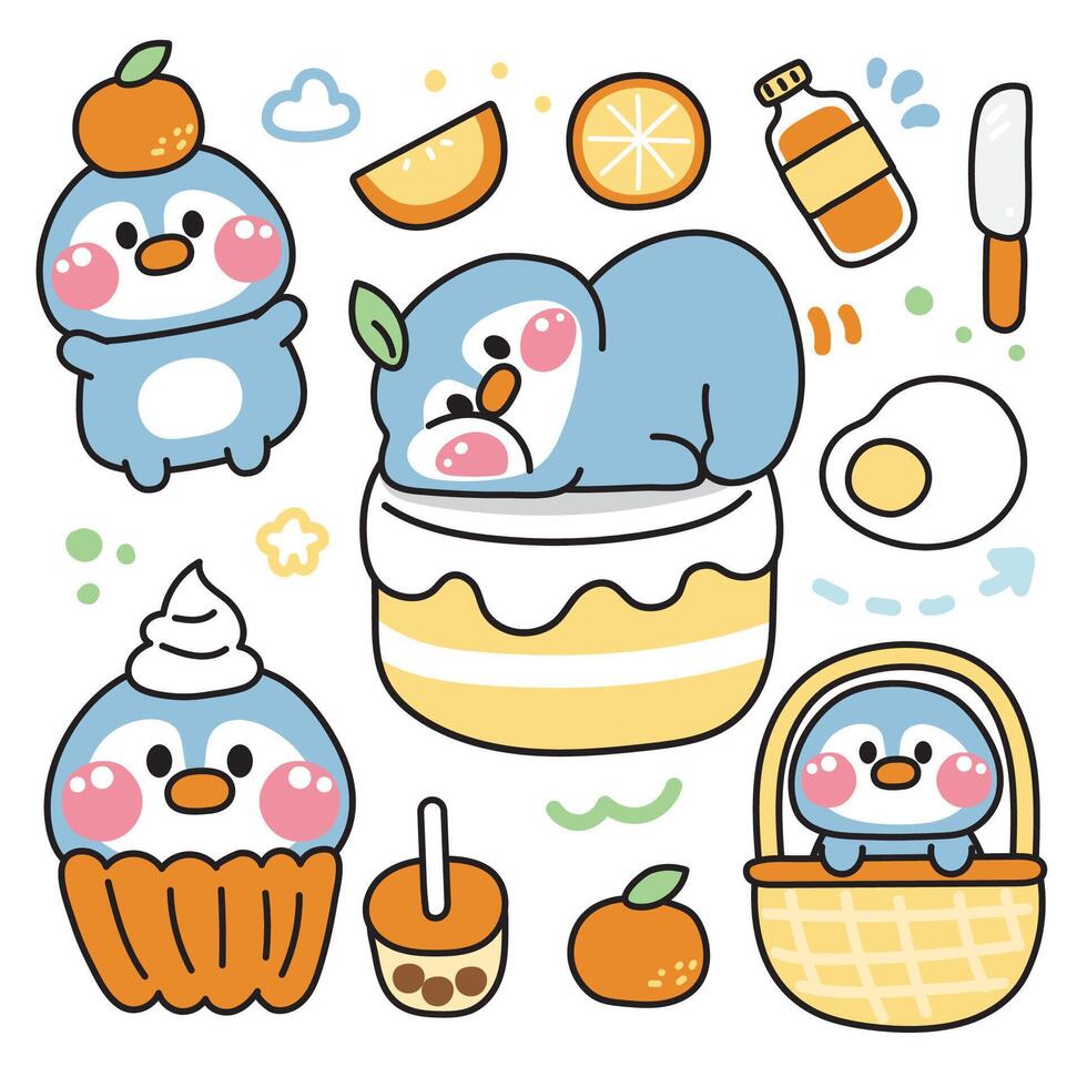 conjunto do fofa pinguim vários poses dentro laranja conceito.bird animais personagem desenho animado design.fruta, bolo, frito ovo, bolha leite chá mão desenhado.criança gráfico.kawaii.ilustração. vetor