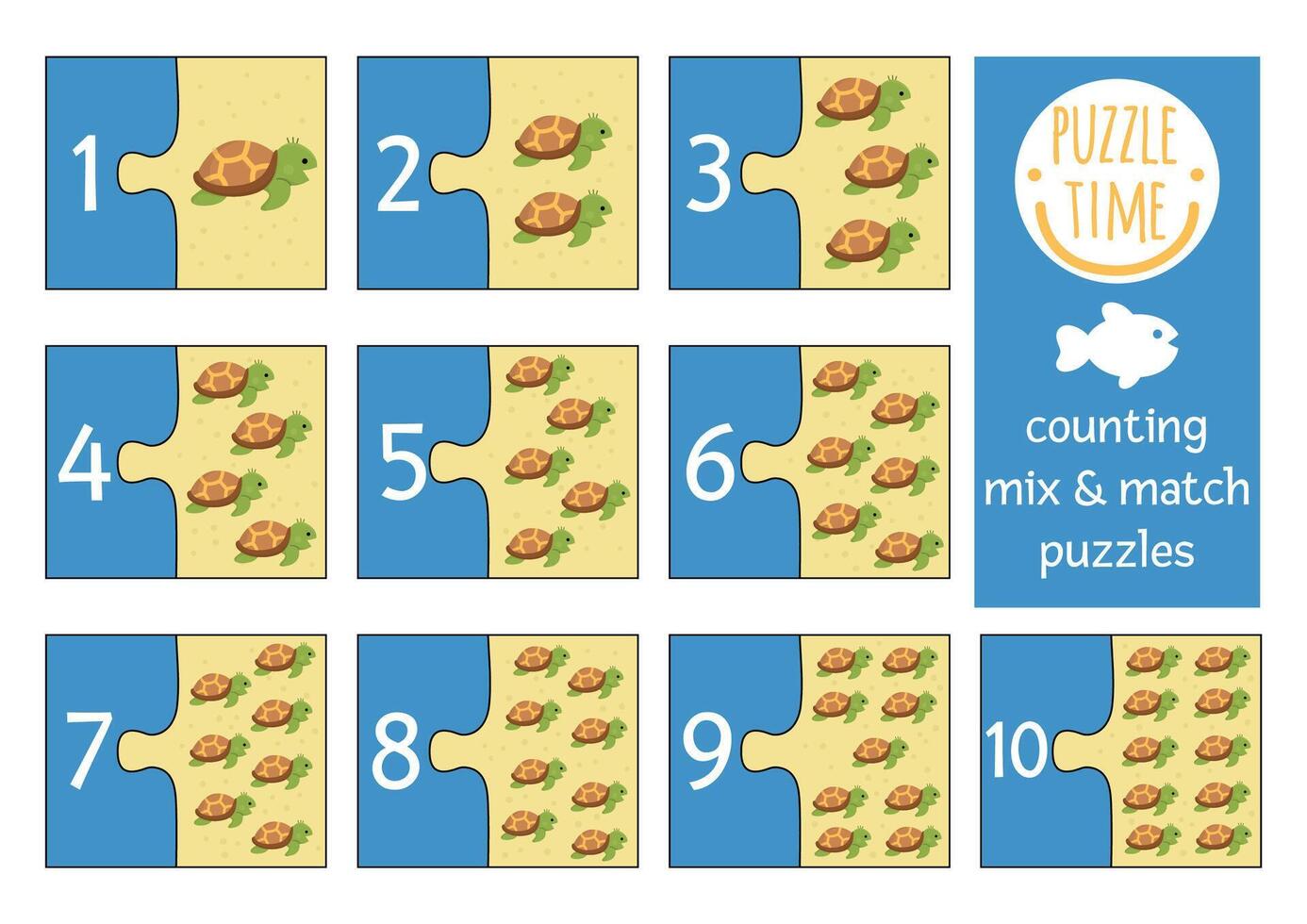 debaixo a mar misturar e Combine enigma com fofa bebê tartarugas. oceano vida Coincidindo matemática atividade para crianças. educacional imprimível contando Combine acima jogos para crianças com engraçado água animal vetor