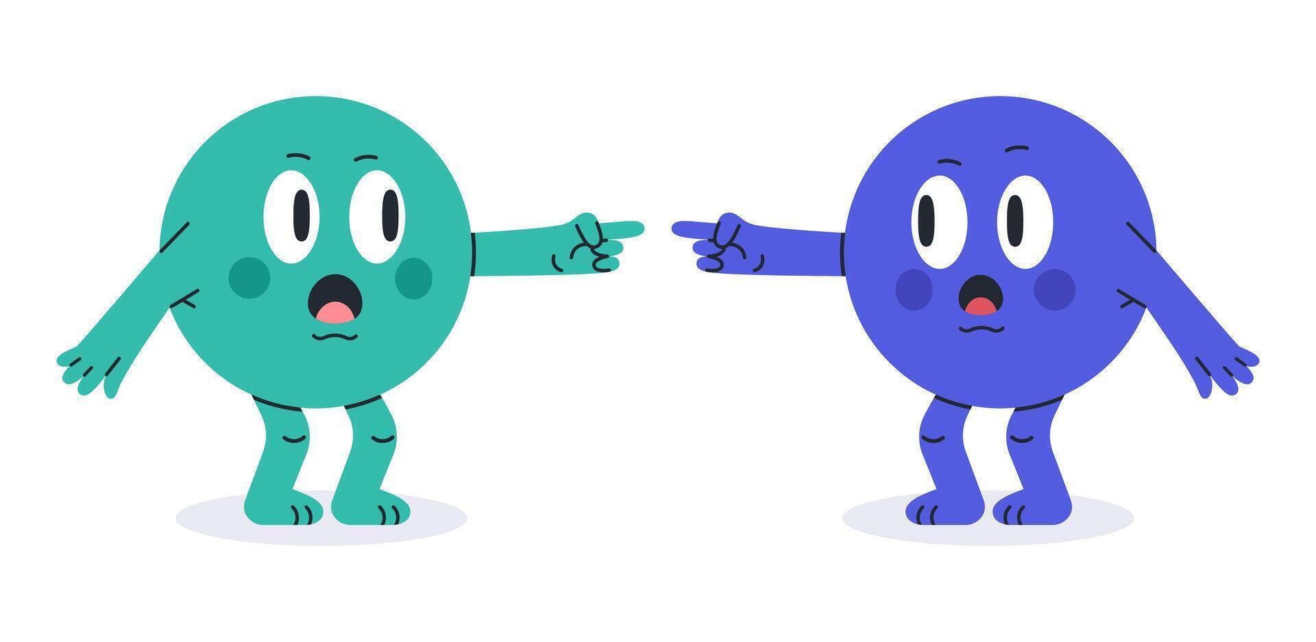 geométrico círculo mascotes. quadrinho volta formas ponto às cada outro, círculo figuras para matemática escola aprendizado, círculos com engraçado emoções plano ilustração definir. fofa mascotes com engraçado rostos vetor