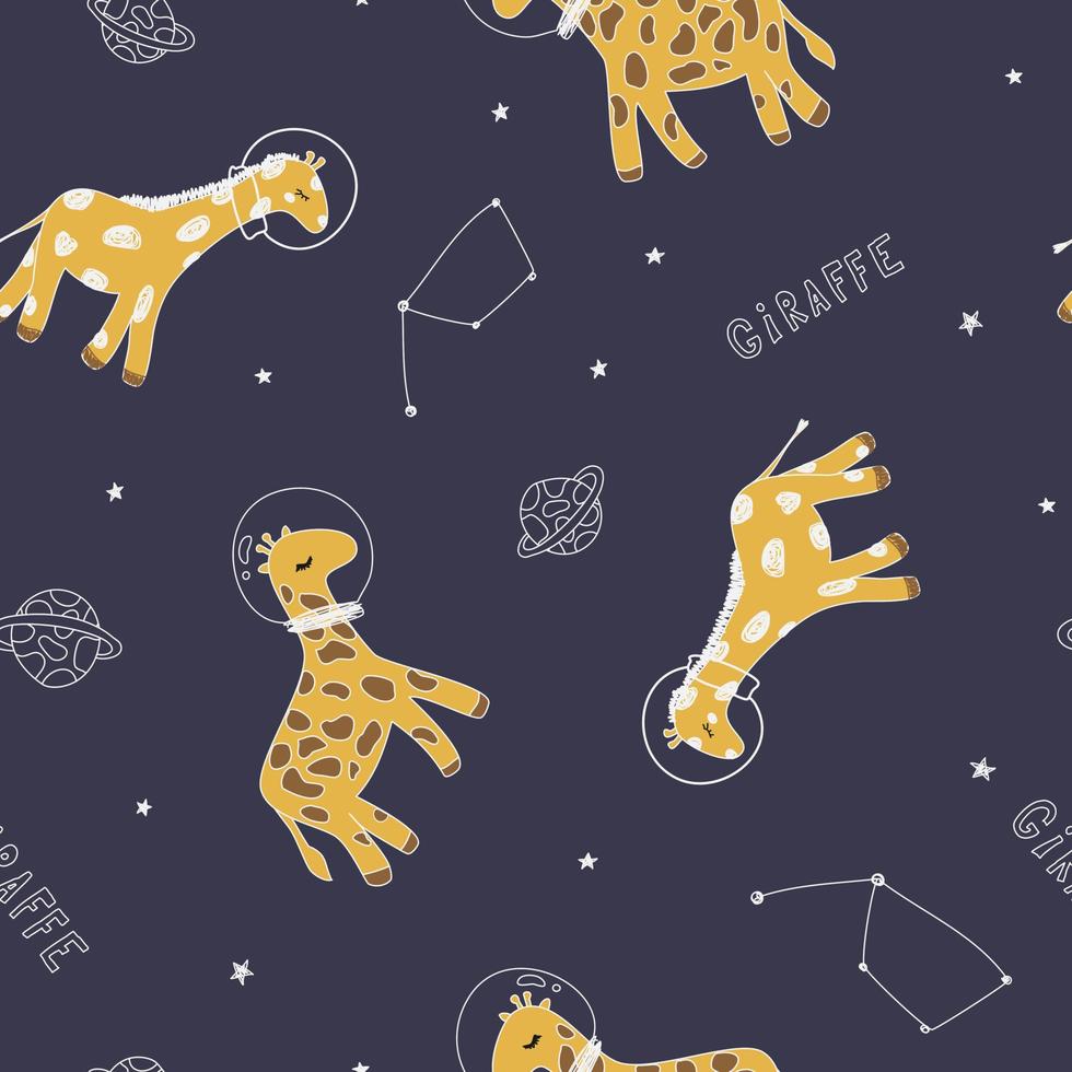 girafa bonito padrão com planetas estrelas planetas nuvens no espaço. papel preto para scrapbooking doodle cosmos. vetor