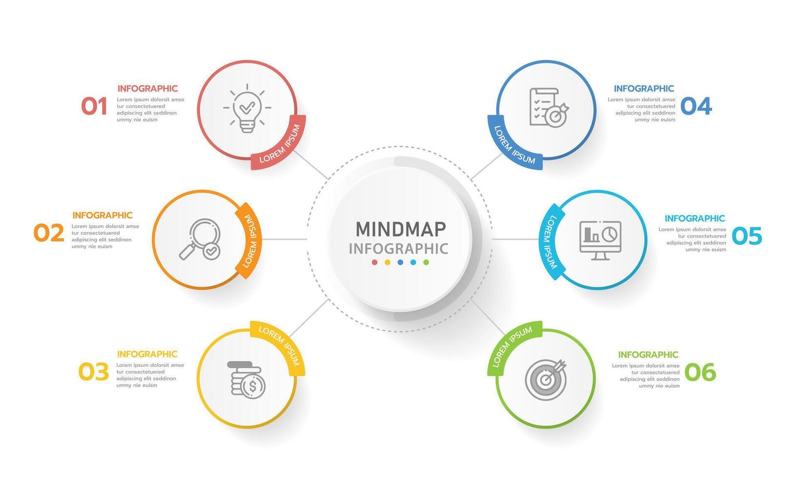 infográfico modelo para negócios. 6 passos moderno mapa mental diagrama com retângulo tópicos, apresentação infográfico. vetor