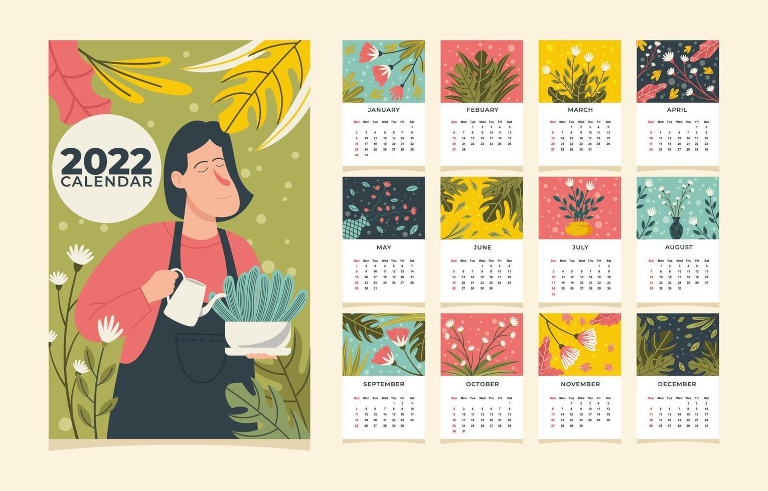 tema de jardinagem do modelo de calendário 2022 vetor