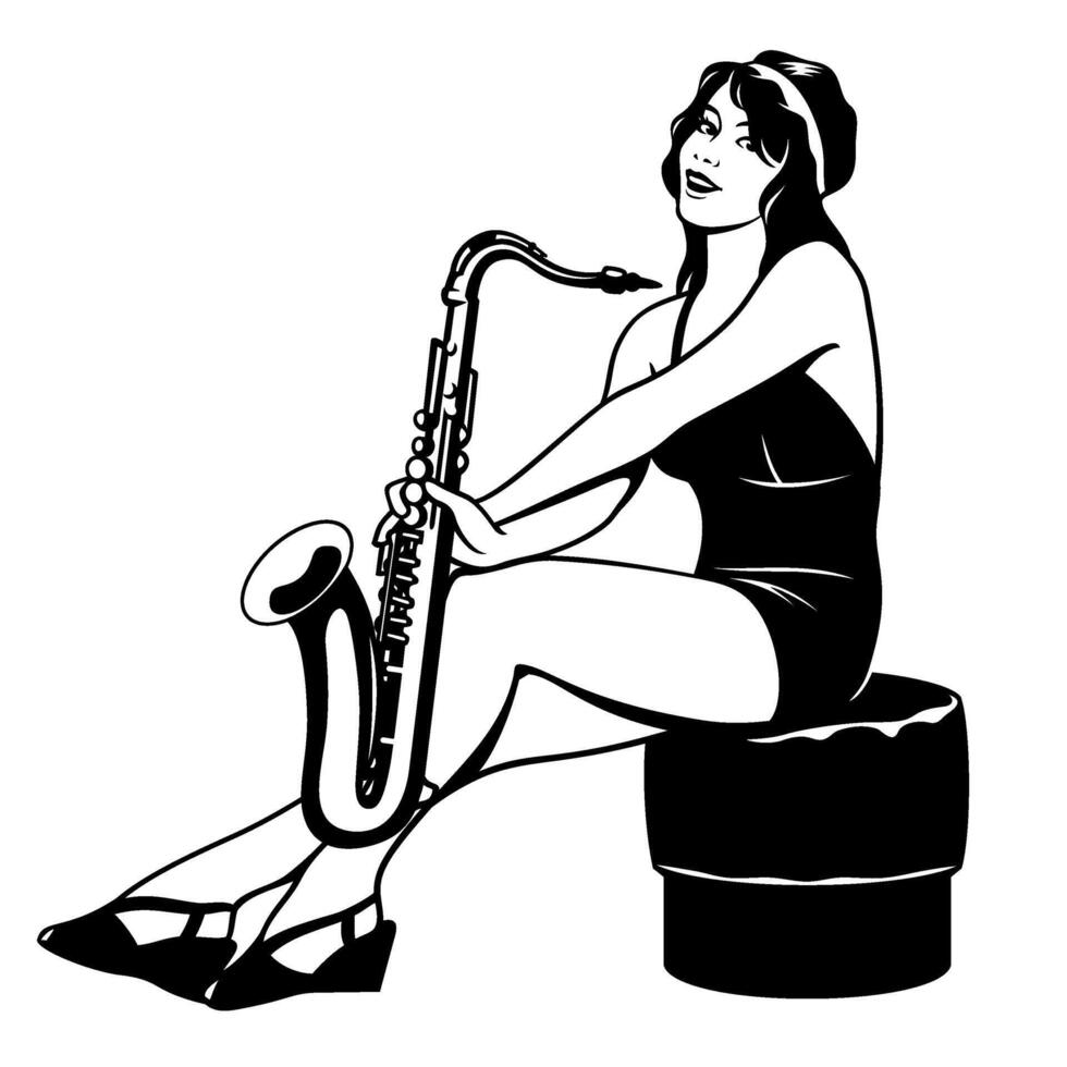 pôster menina com saxofone sentado em uma otomano. saxofonista mulher. Preto e branco clipart isolado em branco. vetor