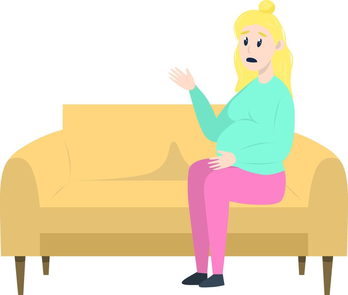 psicoterapia sessão - grávida mulher falando sentado em sofá. mental saúde conceito, ilustração dentro plano estilo vetor