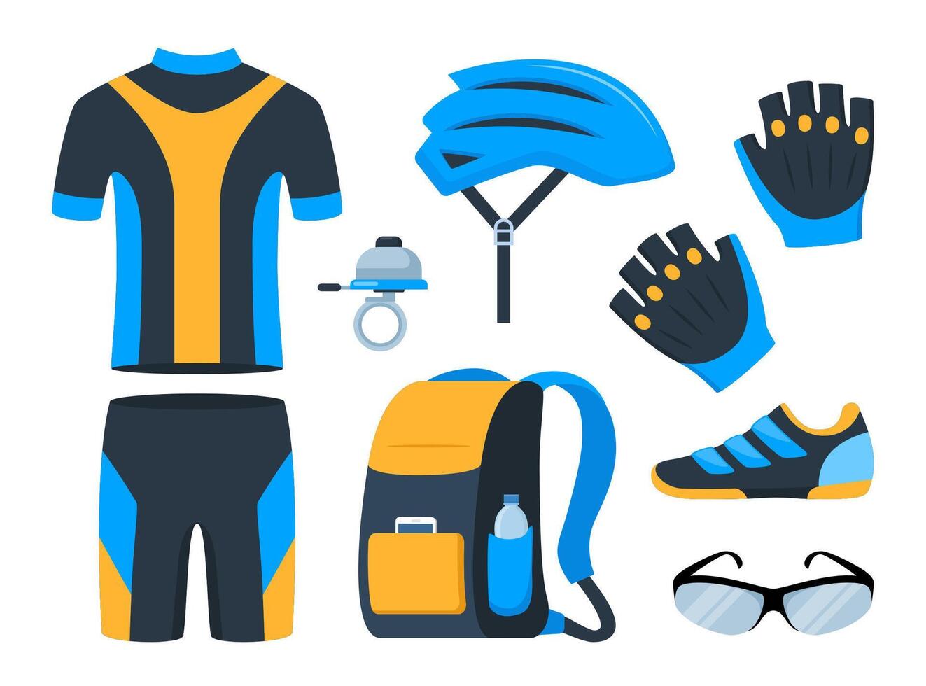 bicicleta definir. bicicleta equipamento. ciclista engrenagem, roupa de esporte para motociclista, rastrear acessórios para extremo esporte Treinamento isolado em branco. ilustração. vetor