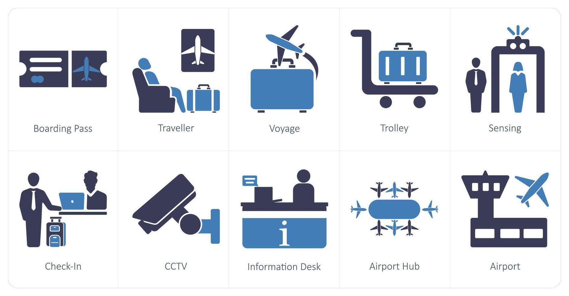 uma conjunto do 10 aeroporto ícones Como embarque passar, viajante, viagem vetor