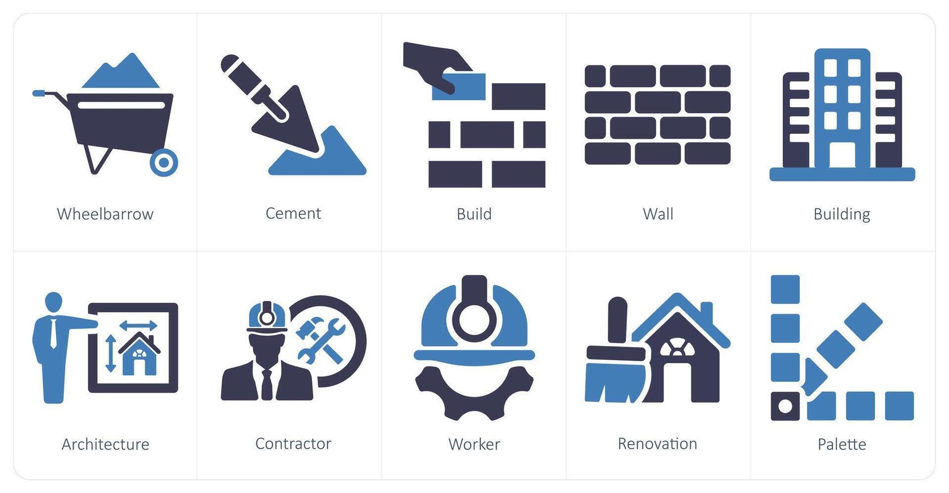 uma conjunto do 10 Construir ícones Como roda carrinho de mão, cimento, Construir vetor