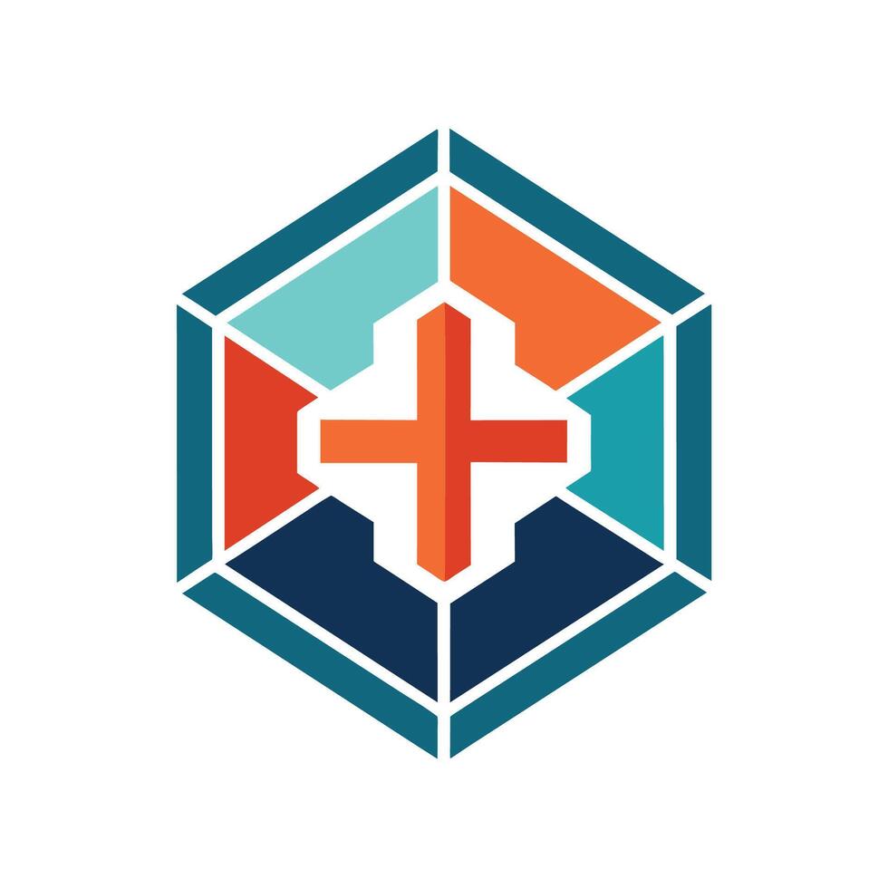 uma minimalista logotipo apresentando uma Cruz dentro uma hexagonal forma em uma branco fundo, uma minimalista logotipo representando a campo do medicamento, incorporando uma simples geométrico forma vetor